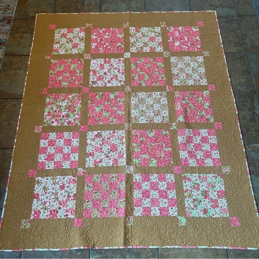 Vintage Handmade Quilt Floral Fleece Squares Reversible Pink Cosy Cottage Core
